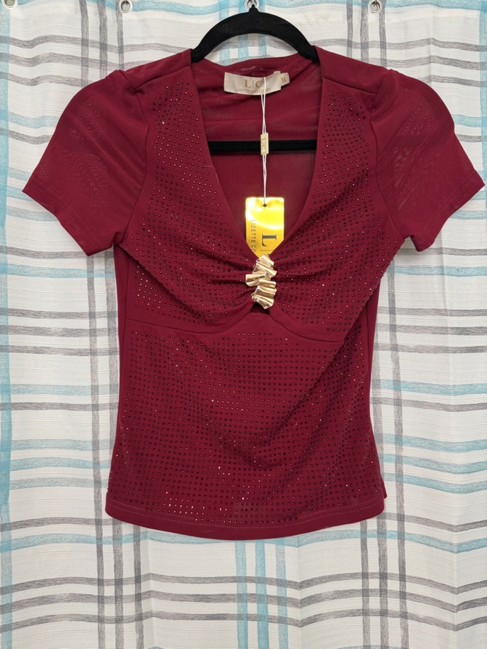 Burgundy Short Sleeve V-Neck Top with Gold Accent